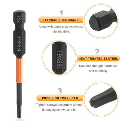 HARFINGTON 3pcs T9 Torx Head Screwdriver Bit 2.56" (65mm) Long 1/4" Hex Shank Magnetic No Hole Tamper Proof 6 Point Star Screw Driver Drill Bits Phosphate S2 Steel Industrial Power Tools - size: T9