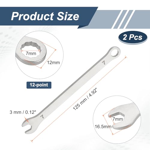 HARFINGTON 2Pcs Super Thin Combination Wrench 7mm Metric 12-Point Box and Open End Stainless Steel Double Ended Spanner Tool for Automotive Pipe Furniture Machinery DIY Repair, Silver - size: 7mm