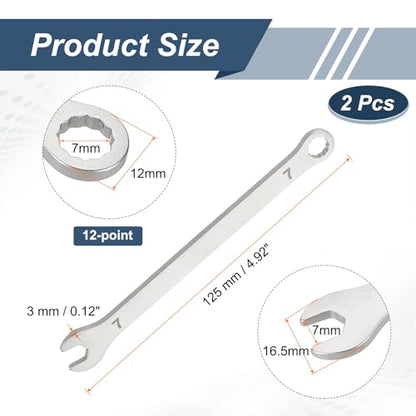 HARFINGTON 2Pcs Super Thin Combination Wrench 7mm Metric 12-Point Box and Open End Stainless Steel Double Ended Spanner Tool for Automotive Pipe Furniture Machinery DIY Repair, Silver - size: 7mm