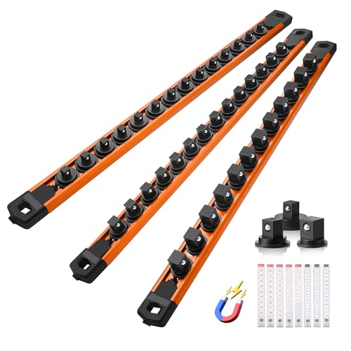 Reniteco Magnetic Socket Organizer Set, 3-Piece 1/2" 3/8" 1/4" Drive Aluminum Alloy Socket Holder with 40PC 360° Swivel Removable Clips, Magnetic Socket Rail for Tool Box Drawer, Orange - color: Orange, size: 3pc