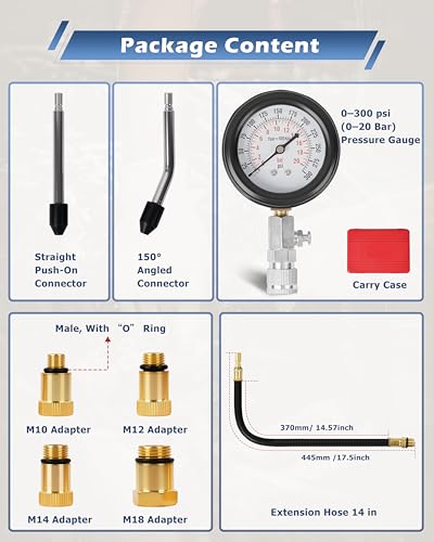 DAYUAN Professional Petrol Engine Compression Tester Kit Set, Red Case | 8 Pcs, 14mm & 18mm Adapters, Dual Scale Gauge, 0-300 PSI/0-20 Bar, Reinforced Rubber Hose, Universal for Cars Motorcycles - color: Red