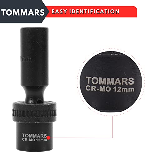 TOMMARS 3/8" Drive Universal Swivel Impact Socket Set Deep, 6 Point Wobble Flexible Socket Set Metric 10-19 mm CR-MO Steel | Deep 6 Point, Wobble Flexible, Metric, CR-MO Steel
