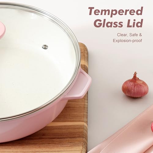SENSARTE Nonstick Skillet with Lid 12-inch, 5QT Ceramic Deep Frying Pan, Non Toxic Saute Pan with Lid, Healthy Dishwasher Safe Cooking Pot, Induction Pan with Stay-cool Handle, Pink - color: Sakura Pink, size: 12-inch/5QT