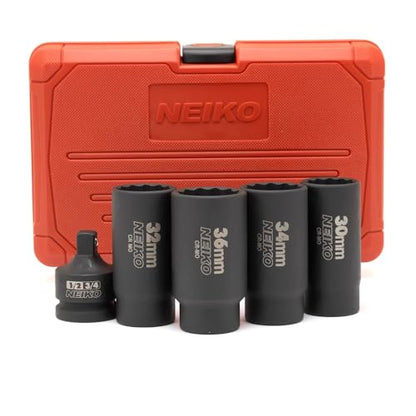 NEIKO 02530A 5 Piece 12 Point Socket Set 1/2” Drive, Lug Nut Remover, Spindle Nut Socket, Axle Nut Socket Set, Metric 30mm - 36mm Socket 1/2 Drive Impact Set, Cr-Mo Impact Adapter, 3/4" - 1/2” Reducer - size: 30-36 mm (5-Piece Set)