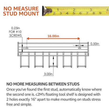 c2M Heavy Duty Floating Tool Shelf & Organizer | Wall Mounted Garage Storage Rack, 100# Weight Limit, Compact Steel Design | Perfect for Father's Day | Black (C2M5032P)
