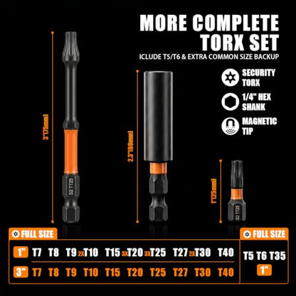 Impact Torx Bit Set 1”&3” 30PCS (T5,T6,TT7-TT40),S2 Steel Security Torx Bit Set with Magnetic CNC Machined Tips, Star Bits Set with Bit Holder Storage Case