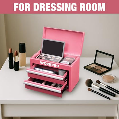 WORKPRO Metal Mini Tool Box with 2 Drawers and Top Storage | Cold Rolled Steel Toolbox, Ball Bearing Slides, PVC Drawer Liners, PP Feet Pads, Durable Storage - color: Pink