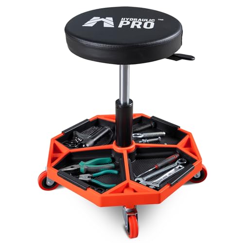 Rolling Mechanic Stool, 300 LBS Adjustable Garage Shop Seat with Tool Trays | Pneumatic Height Adjust, Cushioned Seat, 4-compartment trays, 360° Casters, for Garage, Workshop, Auto Repair, Detailing