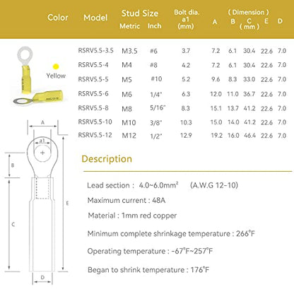 HKS 50 PCS Ring Terminals 1/4" M6 Yellow 12-10 AWG - M6 - Electrical Connectors - Heat Shrink Wire Connector Kit - Tinned Red Copper - Automotive Marine Ring Connectors - Waterproof and Insulated - size: 1/4" (M6)