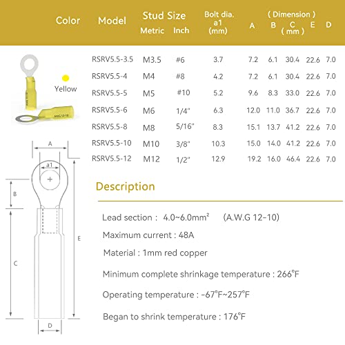 HKS 50 PCS Ring Terminals #8 Yellow 12-10 AWG - M4 - Electrical Connectors - Heat Shrink Wire Connector Kit - Tinned Red Copper - Automotive Marine Ring Connectors - Waterproof and Insulated - size: #8 (M4)