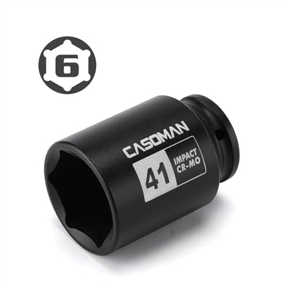 CASOMAN 1/2" Drive x 41mm Deep 6 PT Impact Socket, CR-MO, 1/2-Inch Drive Axle Nut Socket for Easy Removal of Axle Shaft Nuts (41MM) - size: 41 mm (Deep), style: 6-Point Socket