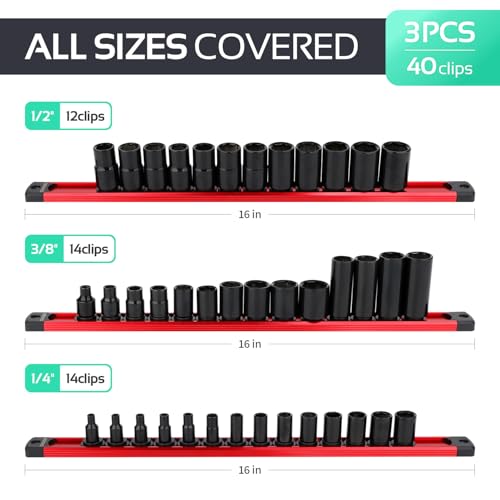 CHAGO 3PC Magnetic Socket Organizer, 40 Clips 1/4" 3/8" 1/2" Aluminum Swivel Rail
