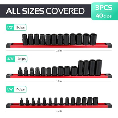 CHAGO 3PC Magnetic Socket Organizer, 40 Clips 1/4" 3/8" 1/2" Aluminum Swivel Rail