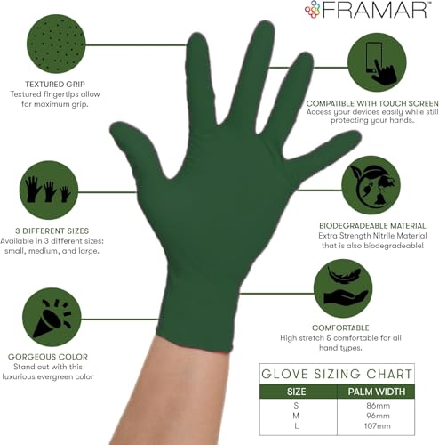 FRAMAR Green Gloves Disposable Latex Free – Powder Free Nitrile Gloves Small, Disposable Rubber Glove Small Nitrile Biodegradable Glove – 100 Pk - size: Small