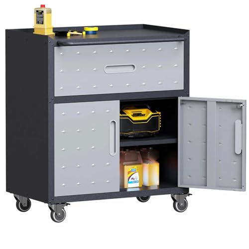 IKIMI Mobile Tool Storage Cabinet with 1 Drawer and 2 Doors,Heavy Duty Rolling Tool Chest for Garage Organization,Metal Storage Cabinet on Wheels,Assembly Required - color: Black & Gray, style: 1 drawer and 2 doors