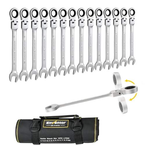 Enventor 14 Pieces Ratcheting Wrench Set, Metric 6-19mm, 180° Flex Head, CR-V Steel, 72-Teeth, 12-Point Combination Ratchet Wrenches Set with Rolling Pouch - size: Metric-14PCS