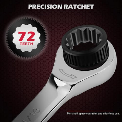 Premium 24-Piece Ratcheting Wrench Set, SAE & Metric Combination Wrenches, 8-19mm / 1/4"-7/8", 72-Tooth Ratchet Spanners, Chrome Vanadium Steel with Roll-Up Pouch for Mechanics