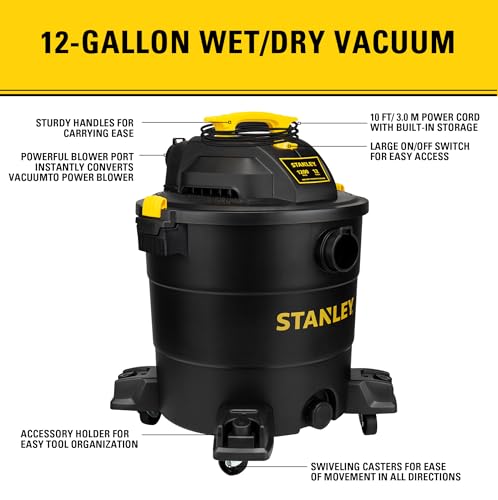 STANLEY 12 Gallon 5.5 Peak HP Wet/Dry Vacuum, 3 in 1 Shop Vacuum Blower,1-7/8"x6 Hose, Range for Garage, Carpet Clean, Workshop with Vacuum Attachments-SL18199P - size: 12 Gallon, 5.5 HP AC