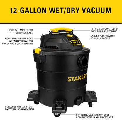 STANLEY 12 Gallon 5.5 Peak HP Wet/Dry Vacuum, 3 in 1 Shop Vacuum Blower,1-7/8"x6 Hose, Range for Garage, Carpet Clean, Workshop with Vacuum Attachments-SL18199P - size: 12 Gallon, 5.5 HP AC