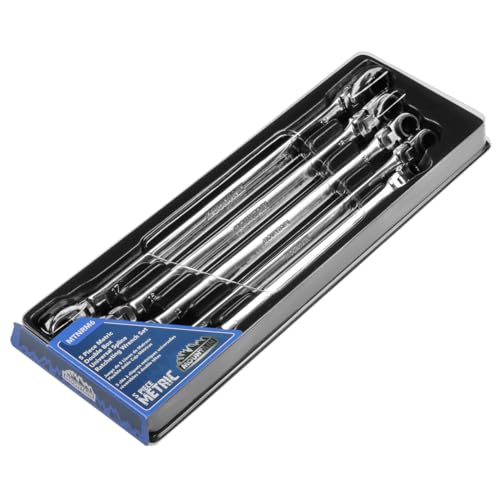 MOUNTAIN RM6, 5 Piece Metric Double Box Universal Spline Reversible Ratcheting Wrench Set, Extra Long Chrome Vanadium Steel, 90 Tooth, 4 Degree Swing Arc, Flexible Design for Hard to Reach Fasteners - size: 8mm-18mm