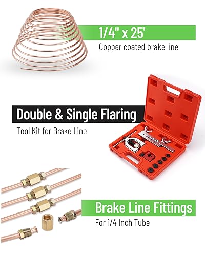 25 ft 1/4" Copper Coated Brake Line Kit (Includes 16 Fittings and 4 Unions Brake Line Fittings) + Brake Line Double & Single Flaring Tool Kit - size: 1/4" Brake Lines