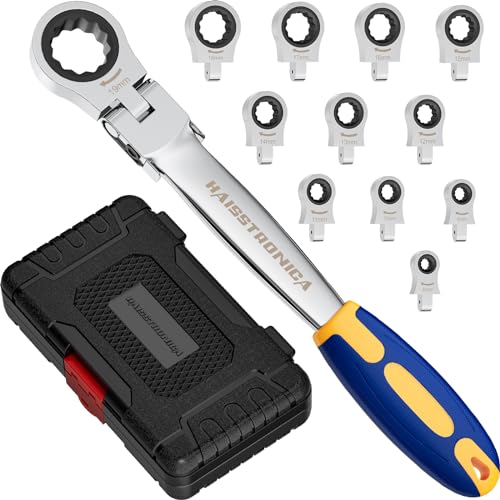 haisstronica 12 in 1 Interchangeable Heads Ratcheting Combination Wrench Set, 8-19mm Metric Flex Head Ratchet Wrench Tool for Auto, Tools for Men Gifts - size: Metric-12 in 1