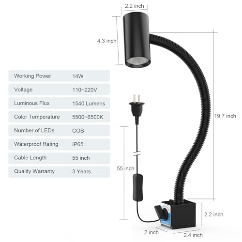 Magnetic Work Light, 1540 Lumens Led Machine Light with Strong Magnetic Base, Flexible Gooseneck Magnetic Lamp for Lathe and Drill Press, 14W 120V