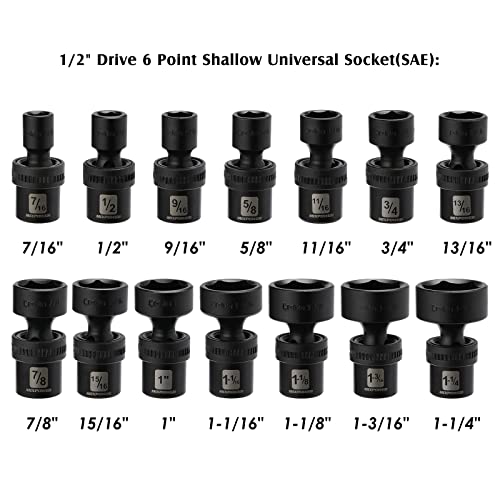 MIXPOWER 1/2" Drive Shallow Impact Universal Joint Swivel Socket Set, SAE, 7/16" to 1-1/4", Shallow, Flexible Wobble, Chrome Molybdenum Steel, 14 Pieces Set - size: 14 Pcs SAE 1/2'' Dr. (Shallow)
