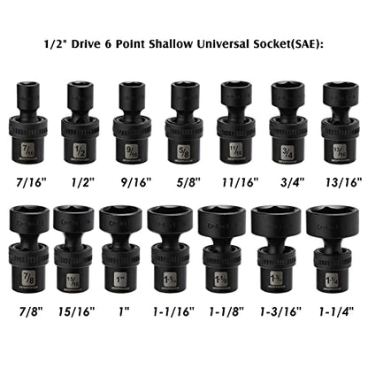 MIXPOWER 1/2" Drive Shallow Impact Universal Joint Swivel Socket Set, SAE, 7/16" to 1-1/4", Shallow, Flexible Wobble, Chrome Molybdenum Steel, 14 Pieces Set - size: 14 Pcs SAE 1/2'' Dr. (Shallow)