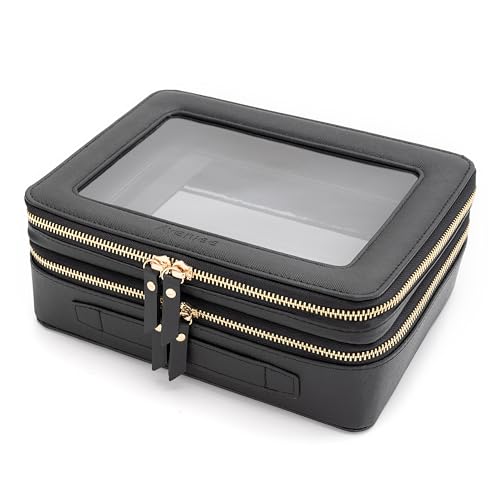 Aveniee XL Clear Makeup Organizer,Double Layer Travel Cosmetic Case with Brush Holder & Zippered Compartments,Big Toiletry Bag for Travel Accessories,2 Layers Large,Black - color: Black, style: Dual Layer Large