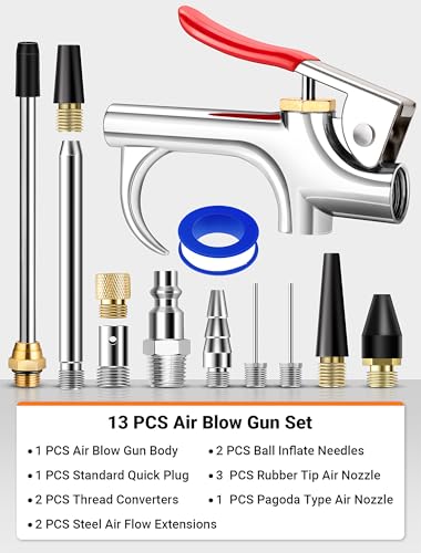 13 Pcs Air Nozzle Blow Gun Kit, 2-Way Connection Air Blower Gun with 1/4 IN Standard Quick Fitting & 8 Air Nozzles, Air Compressor Accessories for Dedusting, Inflation, Cleaning