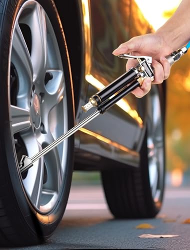 Tire Inflator with Pressure Gauge, 16.5" Dual Head Air Chuck, 10-120 PSI | 10-120 PSI Pressure Range, 16.5" Extended Dual Head Chuck, Heavy Duty Design, Fits Cars, RVs, Trucks & Air Compressors