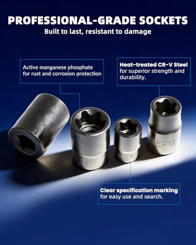 External Torx Plus Socket Set 6 Point EP Socket EP4, EP5, EP6, EP7, EP8, EP10, EP11, EP12, EP14, EP16, EP18, EP20, EP22, EP24, EP26, EP28, EP30, EP32 with 1/2'' 3/8'' 1/4'' Dr E-Torx Plus Sockets 19pc - size: 19PC