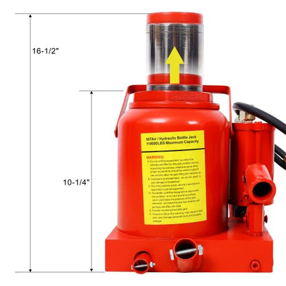 50 Ton Air Hydraulic Bottle Jack, 100,000 LBS Capacity | Heavy-duty steel jack with air and manual operation, 10.5"-16.5" lift range for trucks, RVs, farm and construction equipment