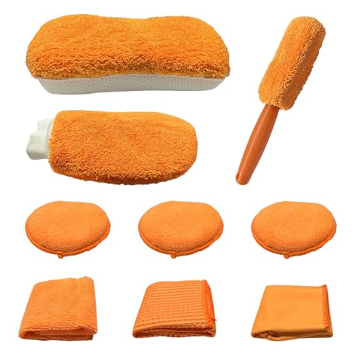 9PCS Car Cleaning Kit, No-Scratch Auto Detailing Tools Set with Wash Mitt, Large Sponge, Wheel Brush, Wax Applicator Pads and Microfiber Towels for Car Interior and Exterior Care (Orange) - color: Orange
