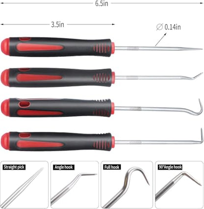 6.5In 4-Piece Hook and Pick Set, Precision Automotive Pick Tool & with Comfort Grip & Anti-Slip Shaft for Oil Seal, Gasket Removal, and Electronic Repair (Red) - color: Red