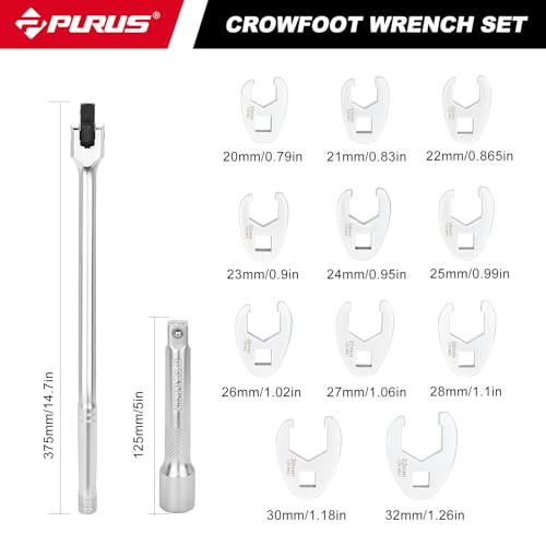 PURUS 13PCS 1/2 Drive Crowfoot Wrench Set, Large Sizes 20mm to 32mm Flare Nut Crow foot Wrenches with 14.7" Breaker Bar & 5" Extension Rod, Heavy Duty Mechanic Tools for Automotive & Truck Repair