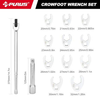 PURUS 13PCS 1/2 Drive Crowfoot Wrench Set, Large Sizes 20mm to 32mm Flare Nut Crow foot Wrenches with 14.7" Breaker Bar & 5" Extension Rod, Heavy Duty Mechanic Tools for Automotive & Truck Repair