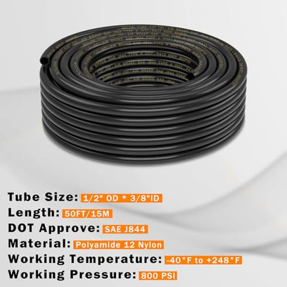 CheeMuii 50 FT 1/2" DOT Air Line PA12 Nylon 1/2 Pneumatic Tubing SAE J844 DOT Air Hose 15 Meter 1/2 Inch OD Pneumatic Air Tubing Pipe Hose Line - size: 1/2"OD-50FT-Single Layer