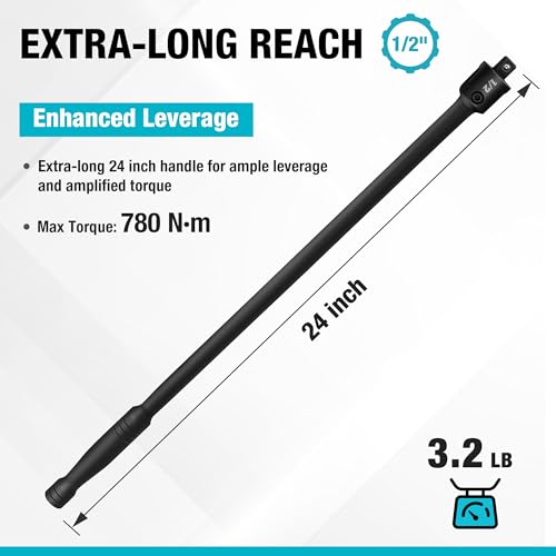 DURATECH 1/2" Drive 24-Inch Heavy Duty Breaker Bar with 240° Flex Head | Spring-loaded Detent Ball, CR-MO Head, Premium Black Phosphate Finish, Ideal for Industrial, Construction, and Mechanic Tasks - color: Black, size: 24 in
