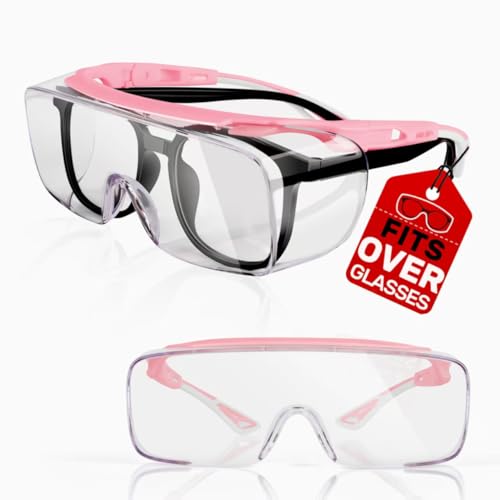 MORK&SUKY Safety Glasses Fit Over Prescription Eyeglasses, ANSI Z87 Certified,Anti-Fog Eye Protection for Men and Women. - color: Pink/White
