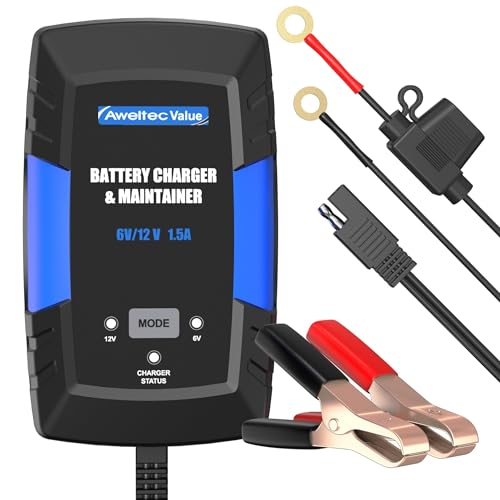 Smart Car Battery Charger,1.5A 6V/12V Maintainer,Automatic Tender Trickle Charger with Memory Function,LED Light,12FT Cables for Vehicle Lead-Acid & Lithium Batteries (Blue) - color: Blue