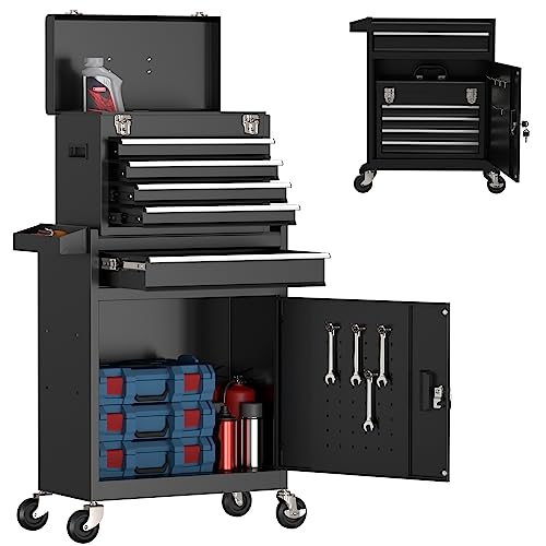 5-Drawer Tool Box with Wheels, Rolling Tool Storage Cabinet with Detachable Top Tool Chest and Locking Mechanism, Metal Tool Cart for Garage Workshop and Room Use (Black) - color: Black, size: 5-Drawer