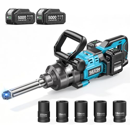 Seesii Cordless 1 inch impact gun 2581.47 FT-LBS(3500 N.m) High Torque Impact Wrench 7.88" Extended Anvil with 21V 2x5.0 Ah Battery, 5 Sockets&storage bag, for Truck,Tractor&Agri-Service,Construction - color: 2581.47 Ft-lbs / 2x5.0ah Battery
