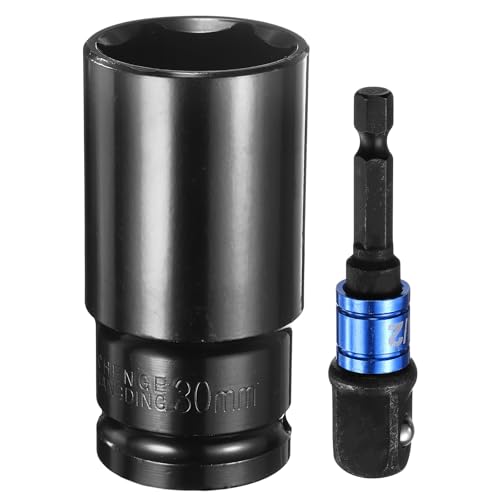 HARFINGTON Deep 6-Point Impact Socket 1/2" Drive 30mm Metric Socket 3" Length with 1/4" Hex Shank Adapter, CR-V Steel Socket Adapter Accessory Tool Set Kit for Hex Bolts Nuts - size: 30mm