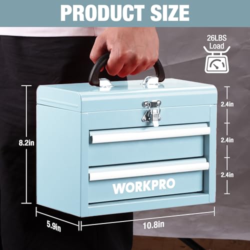 WORKPRO Portable Mini Tool Box, 2 Drawers Metal Tool Chest with Ball Bearing Slides, Top Storage with Latch, Ergonomic Carrying Handle, Mechanic Toolbox with PVC Liners and PP Feet Pads - color: Macaron Blue