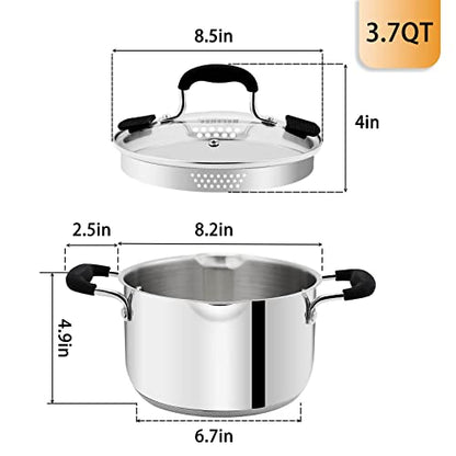 Rorence Stainless Steel Stock Pot with Pour Spout & Silicone Handles & Glass Lid with Strainer - 3.7 Quart - size: 3.7 quart