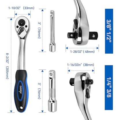 DISEN Ratchet Wrench, 2 in 1 Bit Socket Wrench with 1/4", 3/8", 1/2" Drive, 72-Tooth, Reversible, CR-V Steel Made, CR-MO Head, Dust Proof Teardrop Enclosed Head, Gifts for Men