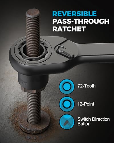 48 Pcs 1/4" Pass-Through Socket Set, SAE/Metric Go-Thru Ratchet Kit | Hollow SAE/metric mini sockets clear long threaded rods; include a 72-tooth ratchet, extension bar, 21 bits and 1/4" adapters - size: 48 Pcs