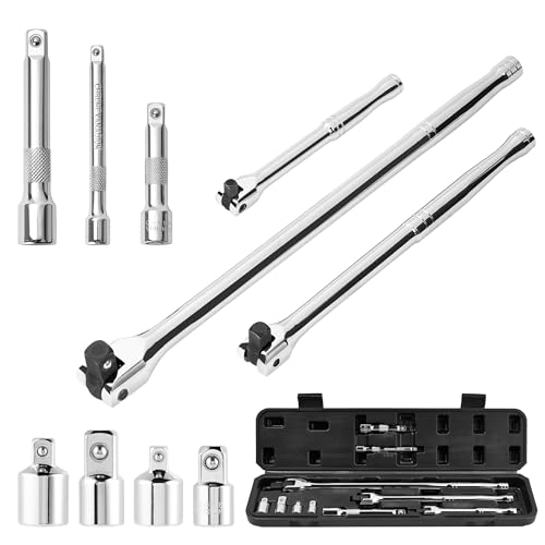 KOOPOOL 10 PC Breaker Bar Set, 3/8" 1/2" 1/4" Drive, 180° Rotatable Head | 6'', 10'', 15'' Length, 3 Extension Bars, Organizer Case - style: Single-ended